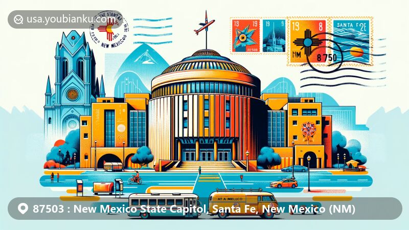 Modern illustration of Santa Fe, New Mexico, reflecting postal theme with ZIP code 87503, featuring the unique Roundhouse State Capitol and Santa Fe Plaza's cultural significance.