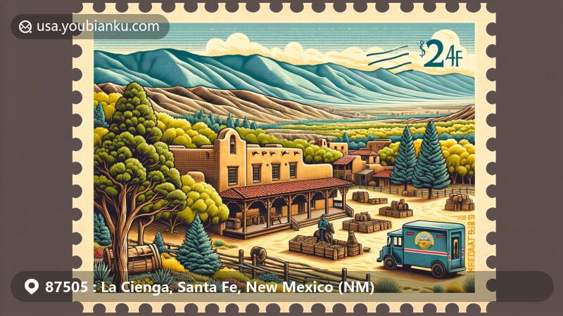 Modern illustration of La Cienega area, Santa Fe, New Mexico, featuring El Rancho de las Golondrinas living history museum, traditional acequia system, pinon and juniper trees, and rolling hills, with postal and historical elements like postage stamp frame and postal carrier's bag.