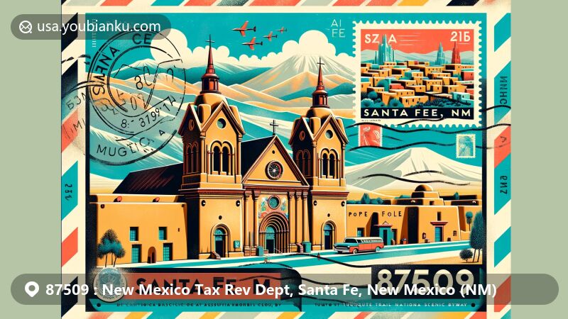 Modern illustration of Santa Fe, New Mexico, featuring San Miguel Mission, Cathedral Basilica of St. Francis of Assisi, and Turquoise Trail, with adobe buildings, mountains, vintage postal elements, and stamps.
