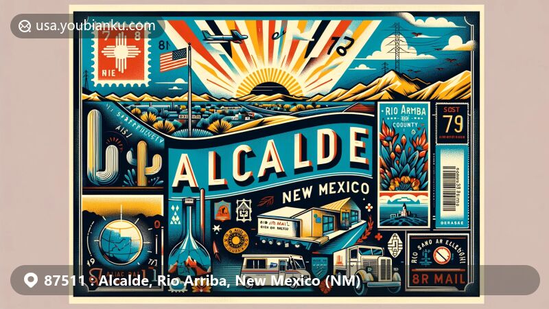 Modern illustration of Alcalde, Rio Arriba County, New Mexico, showcasing postal theme with ZIP code 87511, featuring New Mexico state symbols like the Zia sun symbol, depicting the high desert landscape of northern New Mexico. Includes vintage stamps, a postmark, and mail delivery vehicles for diverse terrains, set against the serene landscapes of Rio Arriba County, capturing Alcalde's unique geographic and cultural essence.