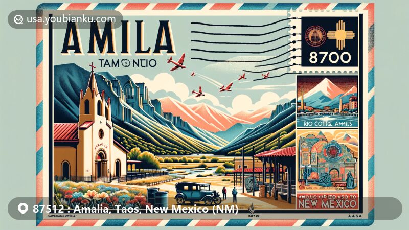 Modern illustration of Amalia, Taos County, New Mexico, showcasing postal theme with ZIP code 87512, capturing natural beauty near Rio Costilla, flanked by mountains, featuring Santo Niño Catholic Church, Taos Pueblo, Rio Grande Gorge Bridge, Couse-Sharp Historic Site and vibrant art scene.