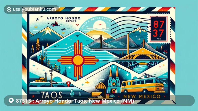 Modern illustration of Arroyo Hondo, Taos County, New Mexico, designed as an air mail envelope with ZIP code 87513, featuring iconic landmarks, New Mexico state symbols, and natural beauty of Sangre de Cristo Mountains.