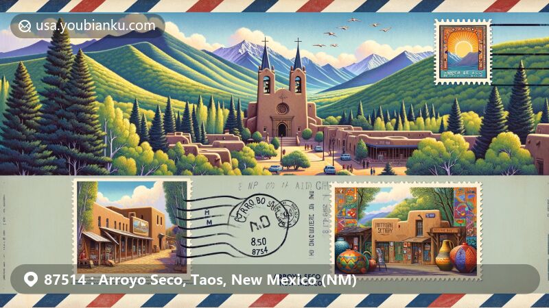 Modern illustration of Arroyo Seco, Taos County, New Mexico, featuring Sangre de Cristo Mountains, iconic La Santísima Trinidad church, Parse Seco galleries, Rottenstone Pottery, and lush natural scenery with cottonwood and aspen trees.