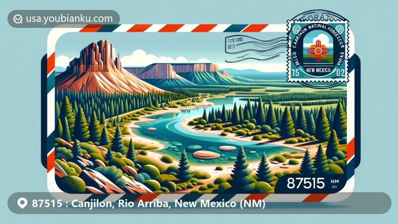 Modern illustration of Canjilon, Rio Arriba County, New Mexico, featuring airmail envelope with Carson National Forest, Canjilon Lakes, Echo Amphitheater, and Coelophysis dinosaur, showcasing diverse geography and state symbols.