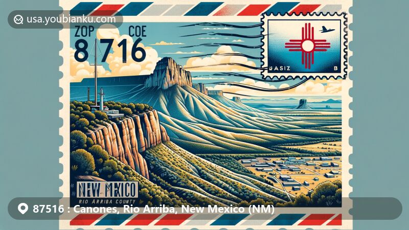 Creative illustration of Canones, Rio Arriba County, New Mexico, capturing aerial view of Cañones with Cerro Pedernal in the backdrop, featuring New Mexico state flag and ZIP code 87516.