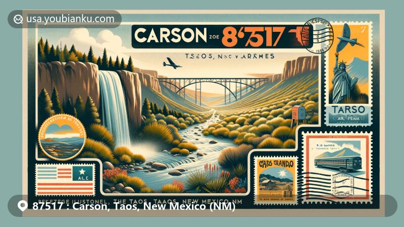 Contemporary illustration of Carson, Taos County, New Mexico, featuring ZIP code 87517, highlighting seasonal waterfall, Rio Grande Gorge Bridge, Carson colchas, high desert landscape, and vintage postal elements.