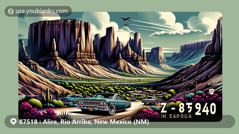 Wide-format postcard-style illustration of Alire, Rio Arriba County, New Mexico, highlighting majestic Brazos Cliffs and iconic lowrider cars, integrated with historical and cultural elements, showcasing county's geographical diversity.