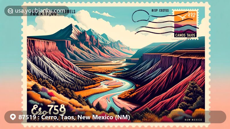 Modern illustration of Cerro, Taos, New Mexico, showcasing the scenic landscape of Rio Grande del Norte National Monument with Rio Grande and Red River, featuring vintage postcard design with ZIP code 87519.