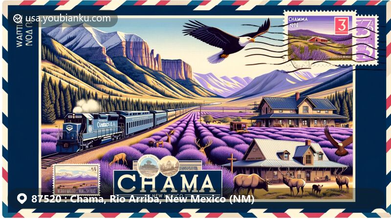 Modern illustration of Chama, Rio Arriba, New Mexico (NM), highlighting postal theme with ZIP code 87520, featuring the enchanting village, Cumbres & Toltec Scenic Railroad, Rocky Mountains backdrop, and wildlife like elk, deer, and bald eagles.