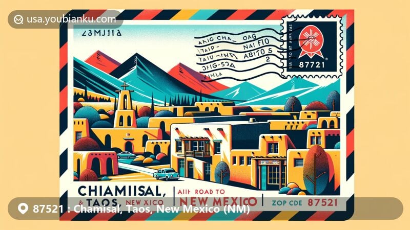 Modern illustration of Chamisal area in Taos County, New Mexico, with ZIP Code 87521, showcasing postal theme, High Road to Taos, adobe architecture, and Sangre de Cristo Mountains.