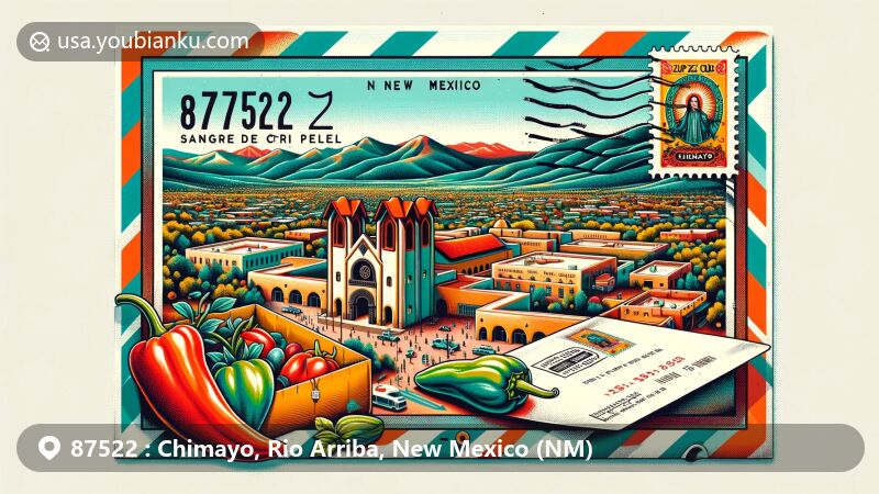 Modern illustration of Chimayo, New Mexico, with El Santuario de Chimayo, Sangre de Cristo Mountains, and cultural landscape, incorporating a vintage postal theme and ZIP code 87522.