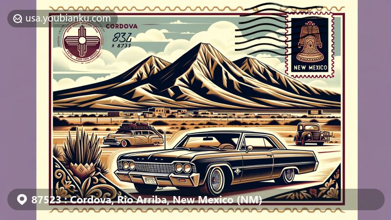 Modern illustration of Cordova, Rio Arriba County, New Mexico, showcasing lowrider car culture, Truchas Peak, traditional wood carvings, Spanish and Native American influences, and postal elements like New Mexico state flag stamp and ZIP Code 87523.
