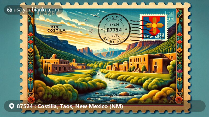 Modern illustration of Costilla, Taos County, New Mexico, capturing natural beauty and cultural heritage, featuring Rio Costilla Park, Taos Pueblo, and New Mexico state flag.