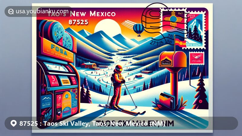 Modern illustration of Taos Ski Valley, New Mexico, capturing the ski slopes with snow-covered mountains, featuring postcard theme with ZIP code 87525, including a postal stamp and skier.
