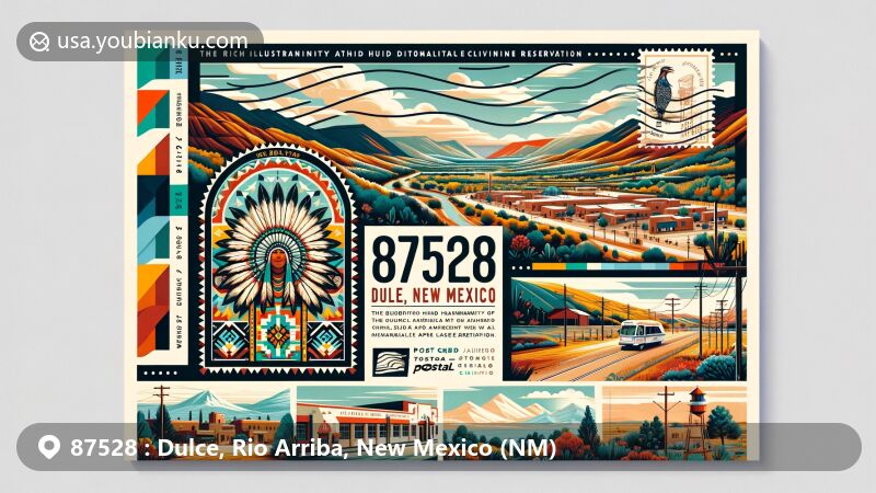 Modern illustration of Dulce, New Mexico, ZIP code 87528, showcasing Jicarilla Apache Reservation's Native American heritage, subarctic continental climate, and postal themes in a vibrant postcard design.