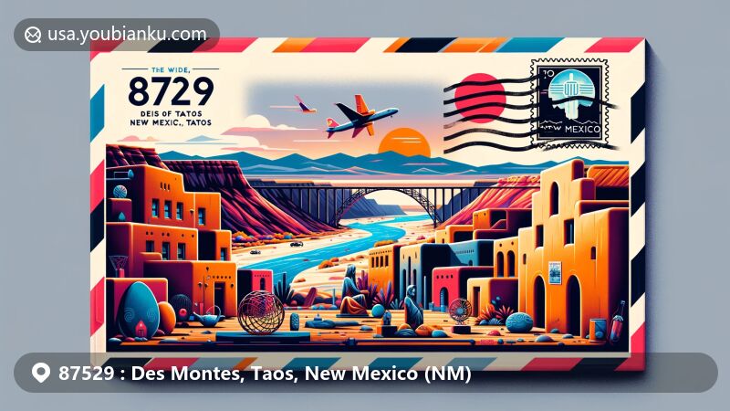 Modern illustration of Des Montes, Taos County, New Mexico, showcasing postal theme with ZIP code 87529, featuring Taos Pueblo, Rio Grande Gorge Bridge, artistic sculptures, and New Mexico state flag.