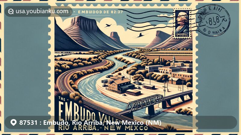 Modern illustration of the postal code 87531 area in Embudo, Rio Arriba County, New Mexico, featuring the scenic Rio Grande, Embudo Valley Vineyards, and Winery, the historic railway district, Embudo Creek's unique geographical feature, and a postal-themed design.
