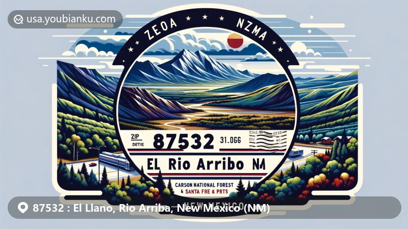 Modern illustration of El Llano, Rio Arriba, New Mexico, showcasing postal theme with ZIP code 87532, featuring scenic vistas of Carson National Forest and Santa Fe National Forest.
