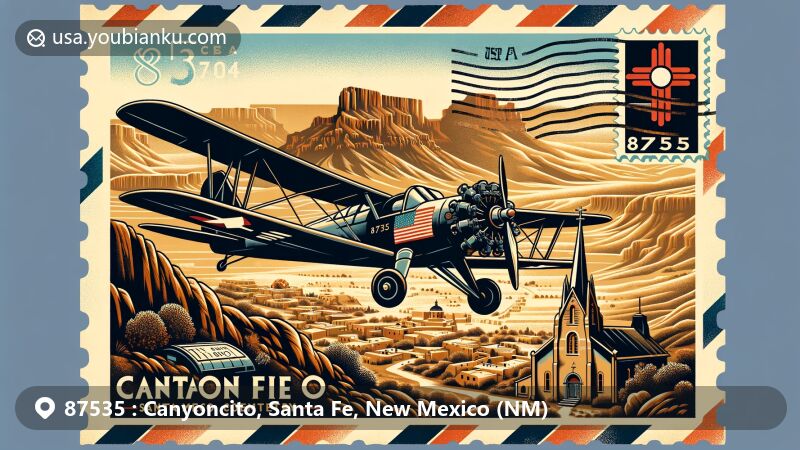 Modern illustration of Canyoncito, Santa Fe County, New Mexico, showcasing Nuestra Señora de Luz Church and Cemetery with Apache Canyon, Battle of Glorieta Pass, Santa Fe Trail, and Route 66. Postal envelope features New Mexico state silhouette and flag stamp with ZIP code 87535.