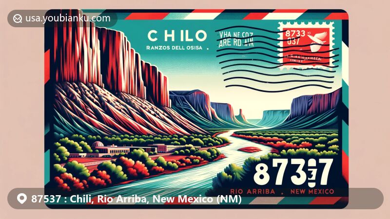 Modern illustration of Chili, Rio Arriba County, New Mexico, featuring ZIP code 87537, with Brazos Cliffs, Rio del Oso, and Rio Chama, and postal elements like postage stamp, postal mark, and air mail envelope design.