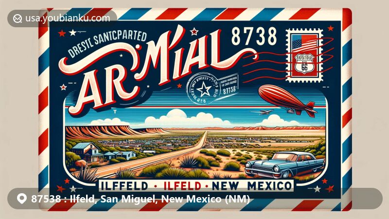 Modern illustration of Ilfeld, San Miguel County, New Mexico, showcasing postal theme with ZIP code 87538, featuring Route 66 connections, New Mexico state symbols, and desert landscapes.