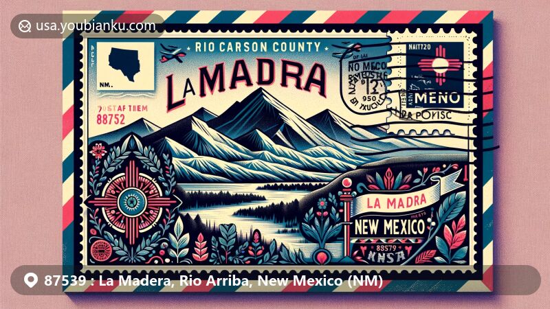 Modern illustration of La Madera, Rio Arriba County, New Mexico, blending postal elements with local geography and history. Features vintage postcard with state flag, mountain landscape, and postal symbols, reflecting the area's lumber town past and ties to Kit Carson National Forest.