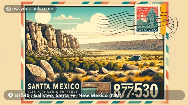 Modern illustration of Galisteo, Santa Fe, New Mexico, depicting rugged sandstone formations, expansive grasslands, and public trails, with elements of indigenous Tanoan rock art, and vintage postal theme showcasing ZIP code 87540 and a stamp featuring the flag of New Mexico.