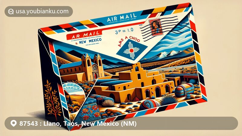 Creative illustration of Llano, Taos County, New Mexico, postal code 87543, featuring Sangre de Cristo Mountains, Taos Pueblo adobe structures, Llano Catholic Church, historical trading elements, and New Mexico state flag.