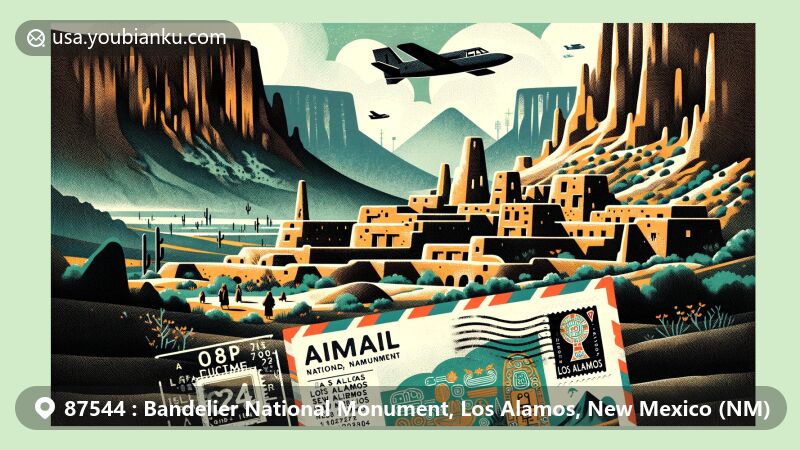 Modern illustration of Bandelier National Monument, Los Alamos, NM, highlighting volcanic landscapes, ancestral Puebloan cave dwellings, Valles Caldera volcano, and vintage airmail theme with ZIP code 87544.
