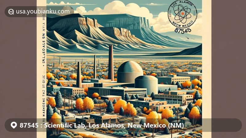 Modern illustration of Los Alamos, New Mexico, highlighting historical and geographical features such as the Pajarito Plateau, Los Alamos National Laboratory, cottonwood and aspen trees, Bradbury Science Museum, and postal elements with ZIP code 87545.