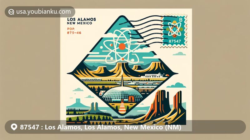 Modern illustration of Los Alamos, New Mexico, featuring Pajarito Plateau landscapes, Manhattan Project symbols, and Bandelier National Monument.