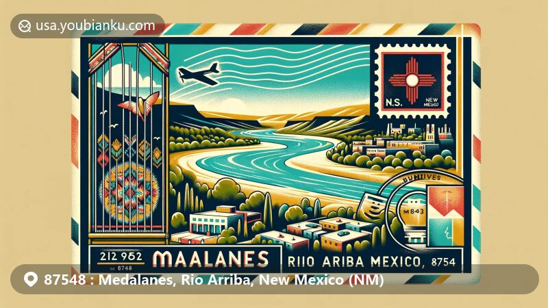 Modern illustration of the Chama River, Rio Arriba County, New Mexico, with ZIP code 87548, featuring natural beauty, woven patterns honoring Agueda Salazar Martínez, vintage postcard design with New Mexico state flag, and Medanales location within the county.