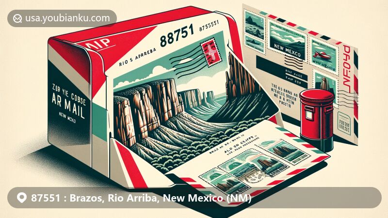 Modern illustration of Brazos Cliffs in Brazos, Rio Arriba County, New Mexico, featuring a postal theme with ZIP code 87551. The design includes a vintage air mail envelope with the cliffs depicted inside, integrated with New Mexico state symbols.