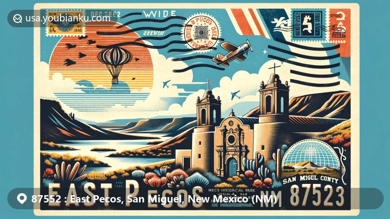 Modern illustration of East Pecos, San Miguel County, New Mexico, blending local and postal themes with Pecos National Historical Park, Spanish mission ruins, Monastery Lake, airmail envelope, vintage stamp, and East Pecos postmark.