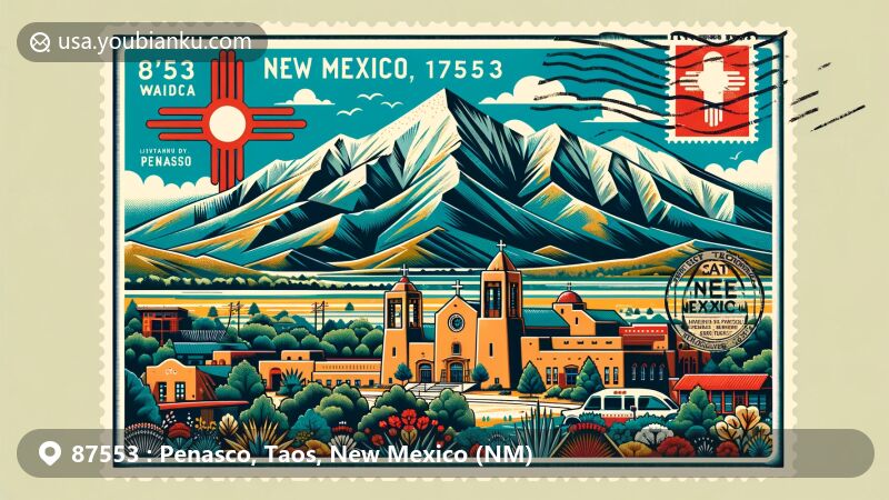 Modern illustration of Penasco, Taos County, New Mexico, featuring Jicarita Peak's natural beauty and Taos Pueblo's historical buildings, showcasing the region's rich natural and cultural heritage with New Mexico state symbols and postal elements.