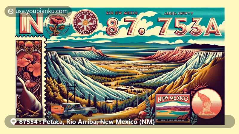 Modern illustration of Petaca, Rio Arriba County, New Mexico, showcasing postal theme with ZIP code 87554, featuring rugged terrain, mica deposits, and iconic New Mexico imagery.