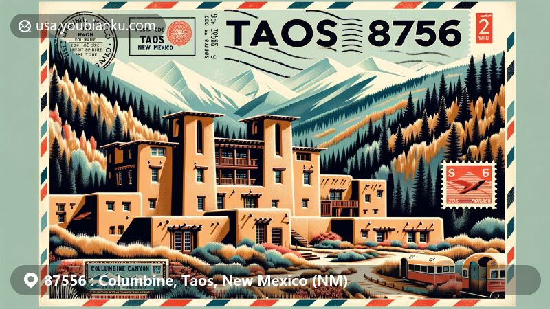 Modern illustration of Taos, New Mexico, blending cultural heritage and postal elements for ZIP code 87556, featuring Taos Pueblo, Columbine Canyon, and forested mountains.