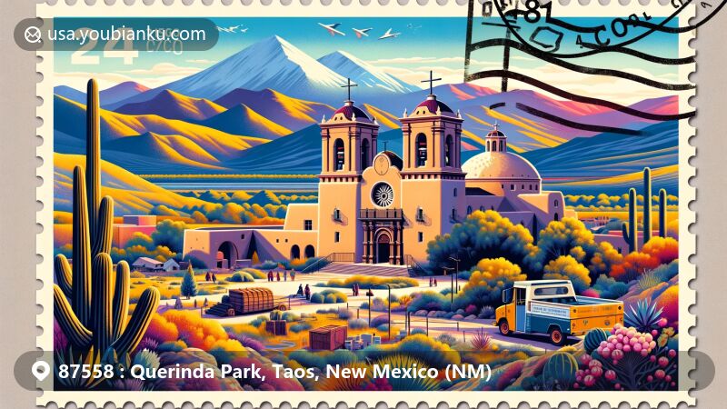 Modern illustration of Querinda Park, Taos, New Mexico, featuring San Francisco de Assisi Mission Church, Taos landscapes, local art symbols, and postal theme with ZIP code 87558.