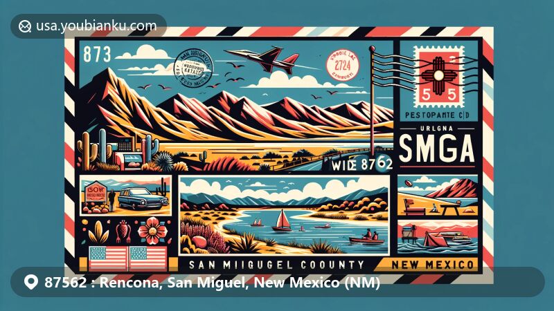 Modern illustration of Rencona, San Miguel County, New Mexico, inspired by postal theme with ZIP code 87562, featuring Sangre de Cristo Mountains, New Mexico symbols, Storrie Lake State Park, outdoor activities, and vintage postage elements.