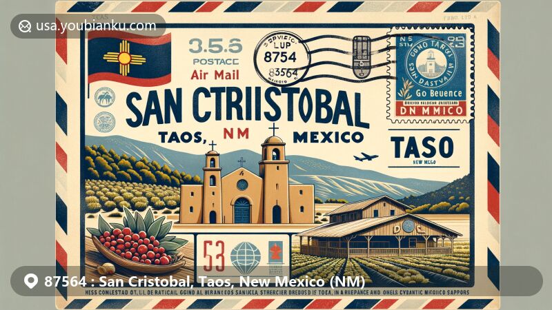 Modern illustration of San Cristobal, Taos County, New Mexico, merging postal elements with regional symbols like Capilla de San Cristobal, D.H. Lawrence Ranch, and a goji berry farm, featuring the New Mexico state flag and ZIP code 87564.