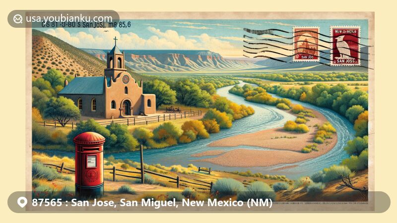 Modern illustration of San Jose area in San Miguel County, New Mexico, with Pecos River, historic adobe church, rugged landscape, and vintage postal elements, capturing the essence of the region.