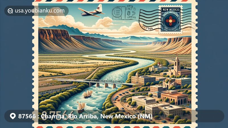 Contemporary illustration of Chamita area in Rio Arriba County, New Mexico, emphasizing the scenic junction of Rio Grande and Rio Chama rivers, reflecting Hispanic and Native American influences, set against New Mexico's diverse natural backdrop with mountains and deserts, including postal elements featuring vintage airmail envelope with ZIP code 87566 and stamp design with New Mexico state flag.