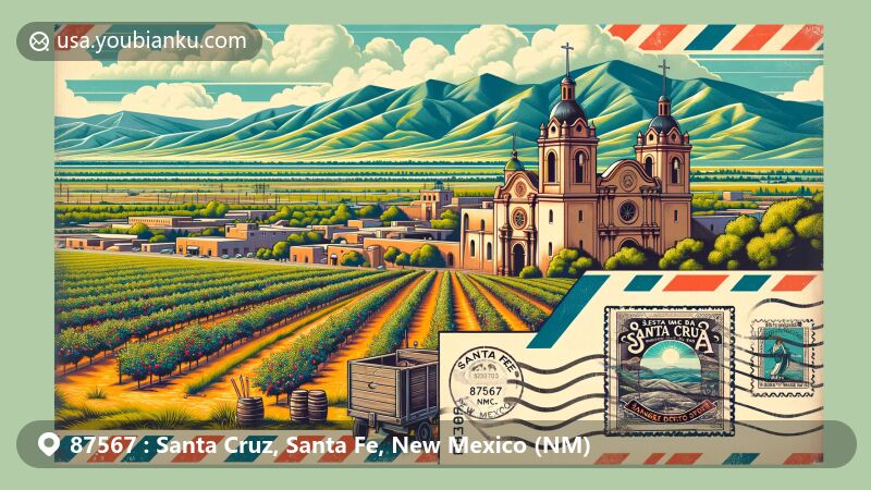 Modern illustration of Santa Cruz, Santa Fe County, New Mexico, showcasing the iconic Santa Cruz Catholic Church, lush fruit orchards, and the Sangre de Cristo Mountains, with a vintage postcard theme incorporating ZIP code 87567 and New Mexico state flag.