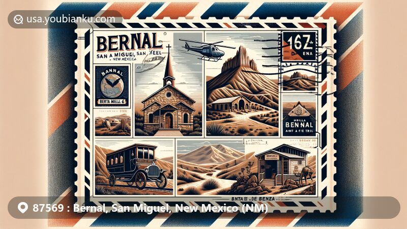 Modern illustration of Bernal, San Miguel, New Mexico, showcasing postal theme with ZIP code 87569, featuring Starvation Peak and Capilla de Santa Rita.