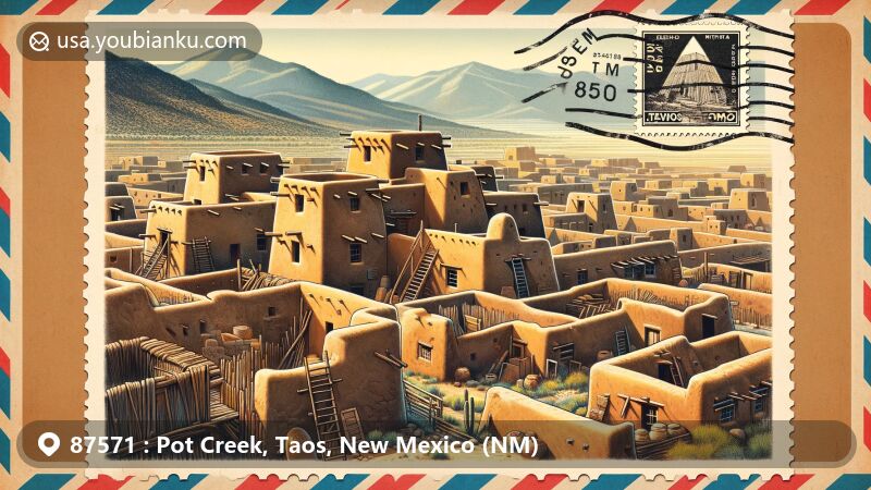 Modern illustration of Pot Creek and Taos Pueblo in Taos County, New Mexico, featuring unique cultural sites and traditional adobe buildings, set on a vintage airmail envelope with a postal theme and New Mexico state flag.