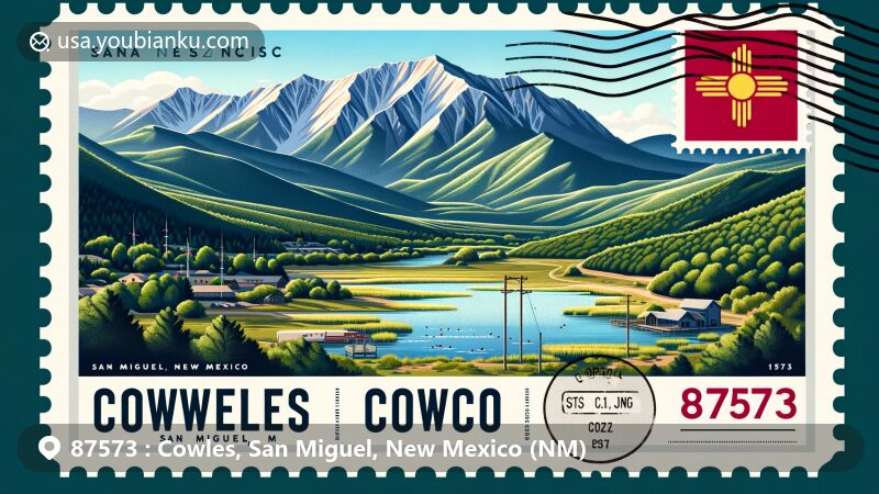 Modern illustration of Cowles, San Miguel County, New Mexico, highlighting scenic mountainous landscape of Santa Fe National Forest with lush greenery and prominent peaks, featuring Cowles Ponds and New Mexico state flag.
