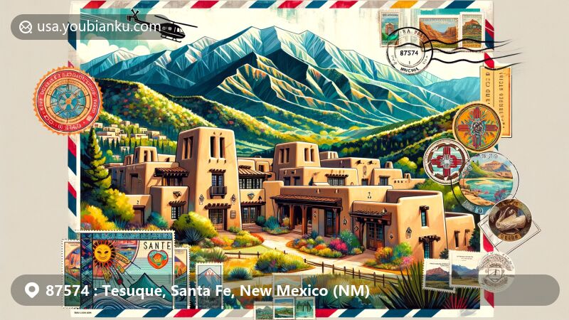 Modern illustration of Tesuque, Santa Fe, New Mexico, showcasing Sangre de Cristo mountains, adobe and Territorial Revival homes, Tesuque River, and cultural symbols like Pueblo of Tesuque logo.