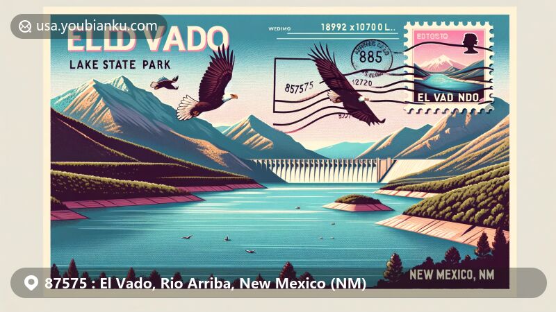 Modern illustration of El Vado, Rio Arriba, New Mexico, showcasing the scenic beauty of El Vado Lake State Park with the lake, mountains, and El Vado Dam, symbolized by soaring bald eagles and postal elements like stamps and postmarks.