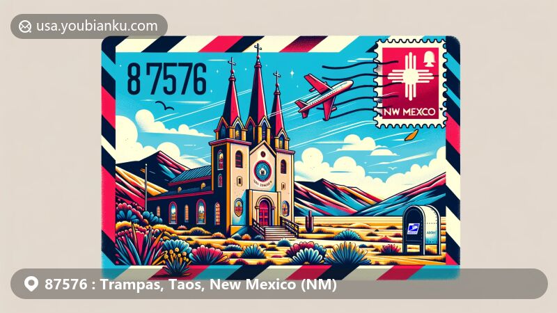 Modern illustration of San José de Gracia Church in Trampas, Taos County, New Mexico, featuring a stylized airmail envelope with ZIP code 87576, New Mexico state flag, custom stamp, and postal elements.