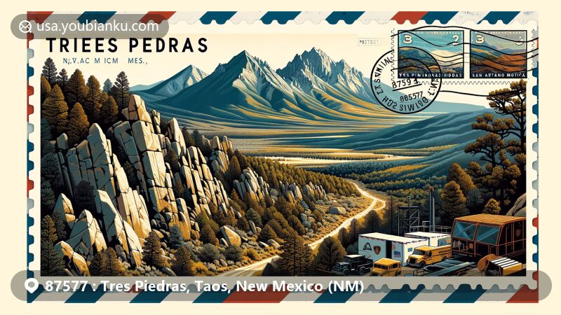 Modern illustration of Tres Piedras area, Taos County, New Mexico, featuring Tres Piedras Crags and Mosaic Wall, set in Carson National Forest with San Antonio Mountain silhouette. Styled as airmail envelope with ZIP Code 87577, New Mexico flag, and postmark.